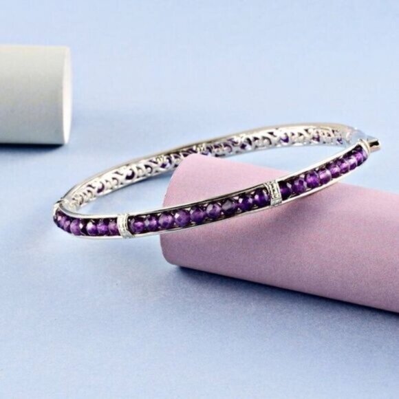 African Amethyst ✦ Platinum Bangle Bracelet ✦ 15ctw Faceted Gemstones 8” NWT main image 3